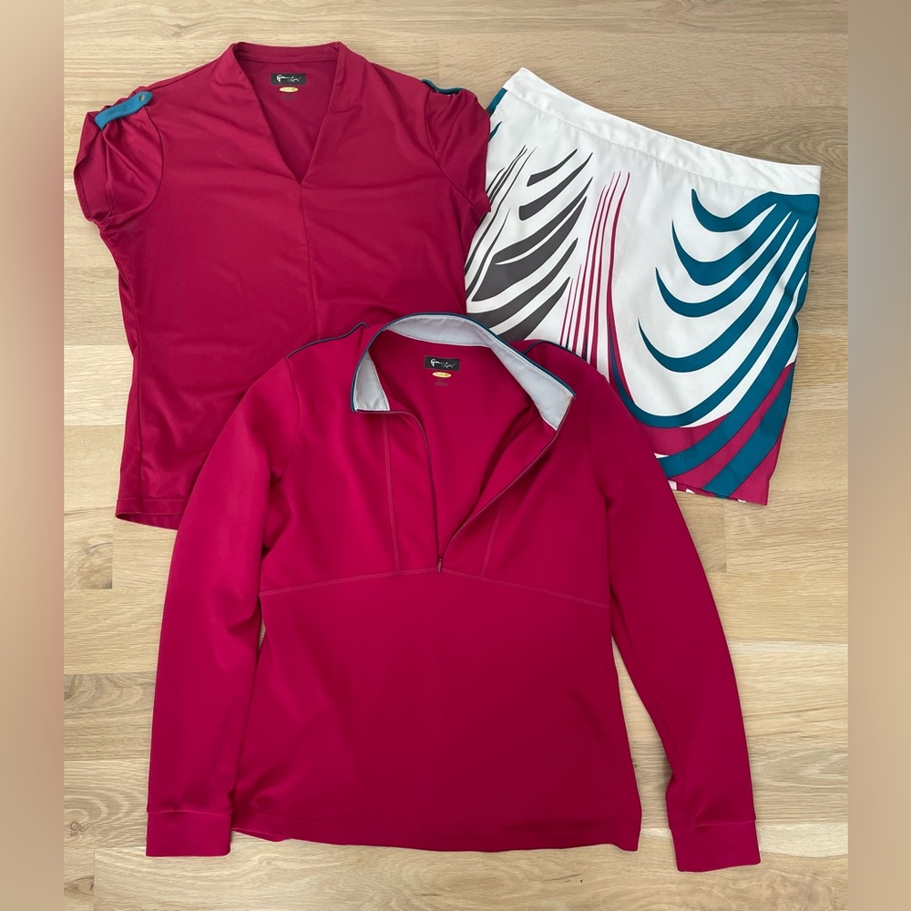 Greg Norman Collection Golf Skort Set with top and pullover Large dark fuchsia